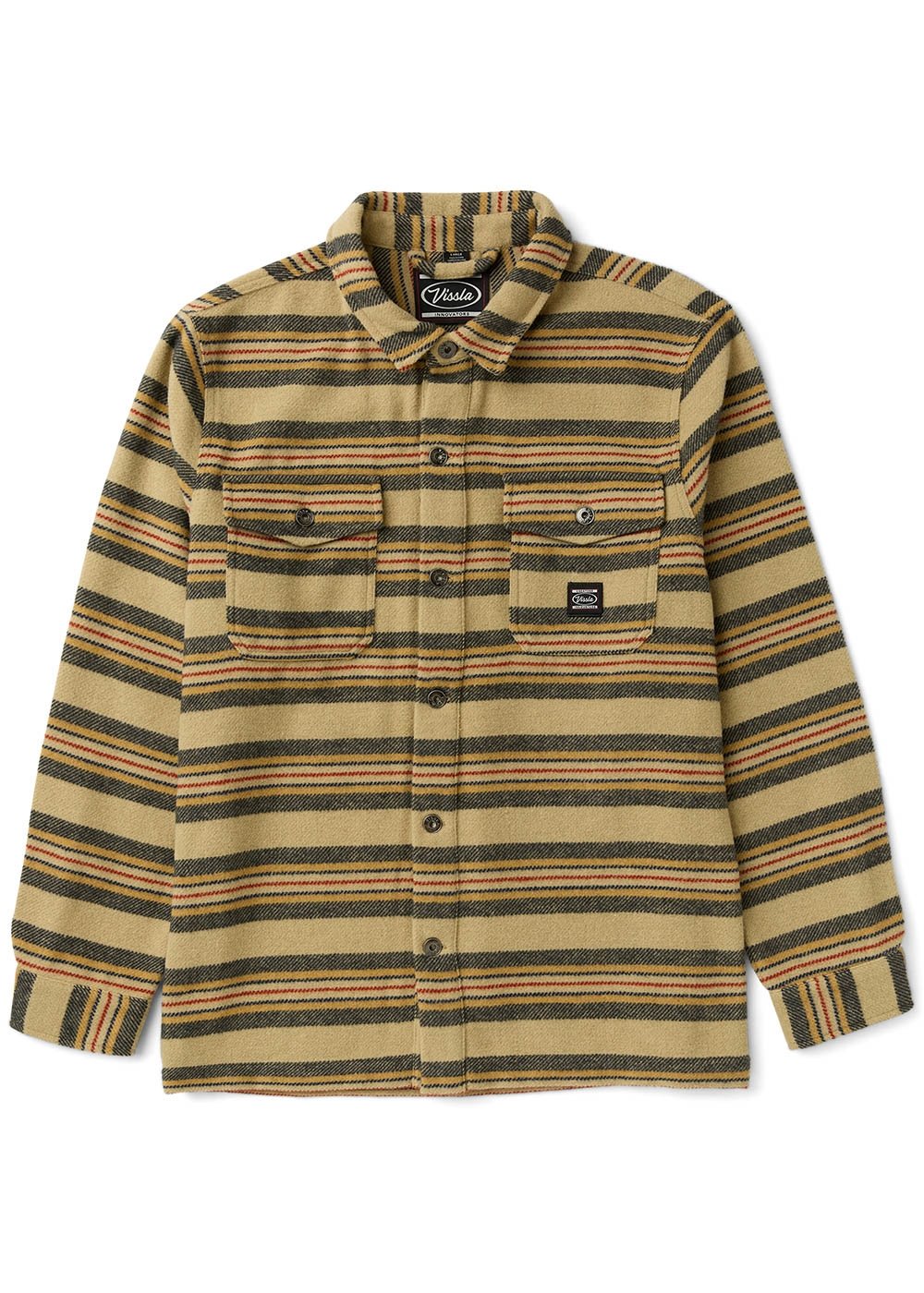 Vissla West Coast Overshirt in tan wool-blend fabric with multicoloured horizontal stripes, button front and chest pockets.