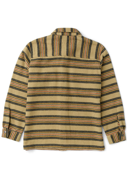 Vissla West Coast Overshirt in tan woven fabric with multicolour stripes, button cuffs and a collared neckline, shown from the back.