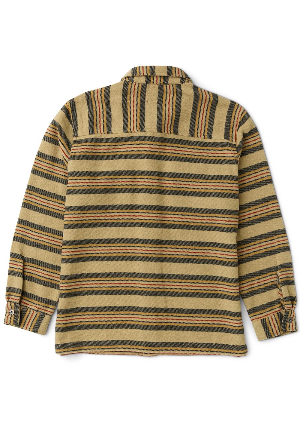 Vissla West Coast Overshirt in a tan and olive woven blend, featuring multicoloured stripes, a collar and button cuffs.