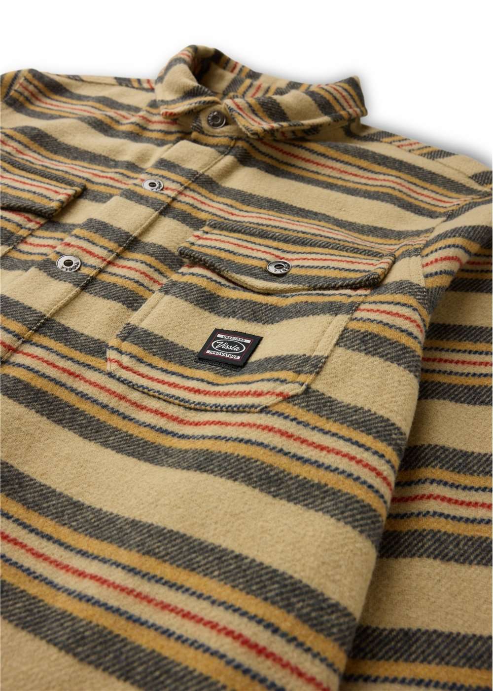 Vissla West Coast Overshirt, tan wool-blend fabric with striped pattern, button front and flap chest pockets.