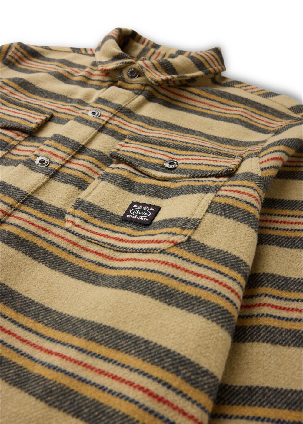 Vissla West Coast Overshirt, heavyweight tan woven fabric with multicoloured horizontal stripes, button front and chest pockets