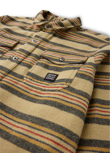 Vissla West Coast Overshirt, heavyweight tan woven fabric with multicoloured horizontal stripes, button front and chest pockets