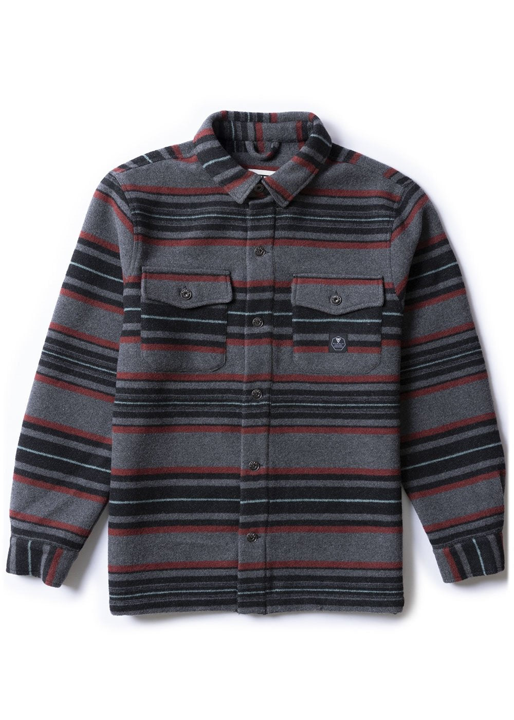 Vissla West Coast Overshirt, heavyweight woven shirt jacket in charcoal grey with red and black horizontal stripes and twin chest pockets.