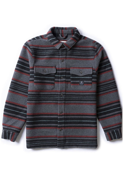 Vissla West Coast Overshirt, heavyweight woven shirt jacket in charcoal grey with red and black horizontal stripes and twin chest pockets.