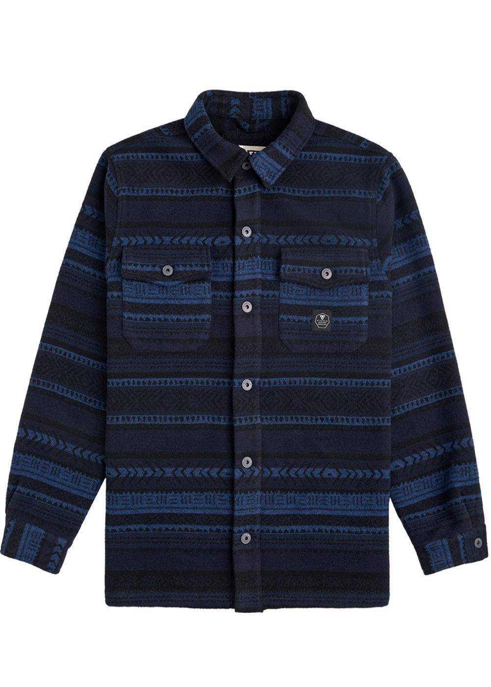 Vissla West Coast Overshirt in navy and black, with blue geometric stripes, a woven wool-blend look, and button-front pockets.