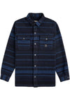 Vissla West Coast Overshirt in dark navy with blue geometric stripes, wool-blend fabric, button front and chest pockets.