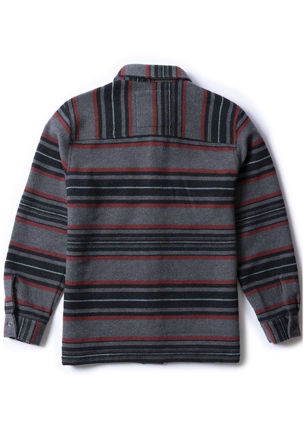 Vissla West Coast Overshirt, a grey woven button-up with horizontal black and muted red stripes and long sleeves.