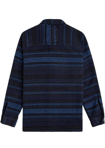 Vissla West Coast Overshirt, dark navy woven shirt jacket with blue geometric stripes and a collared neckline.