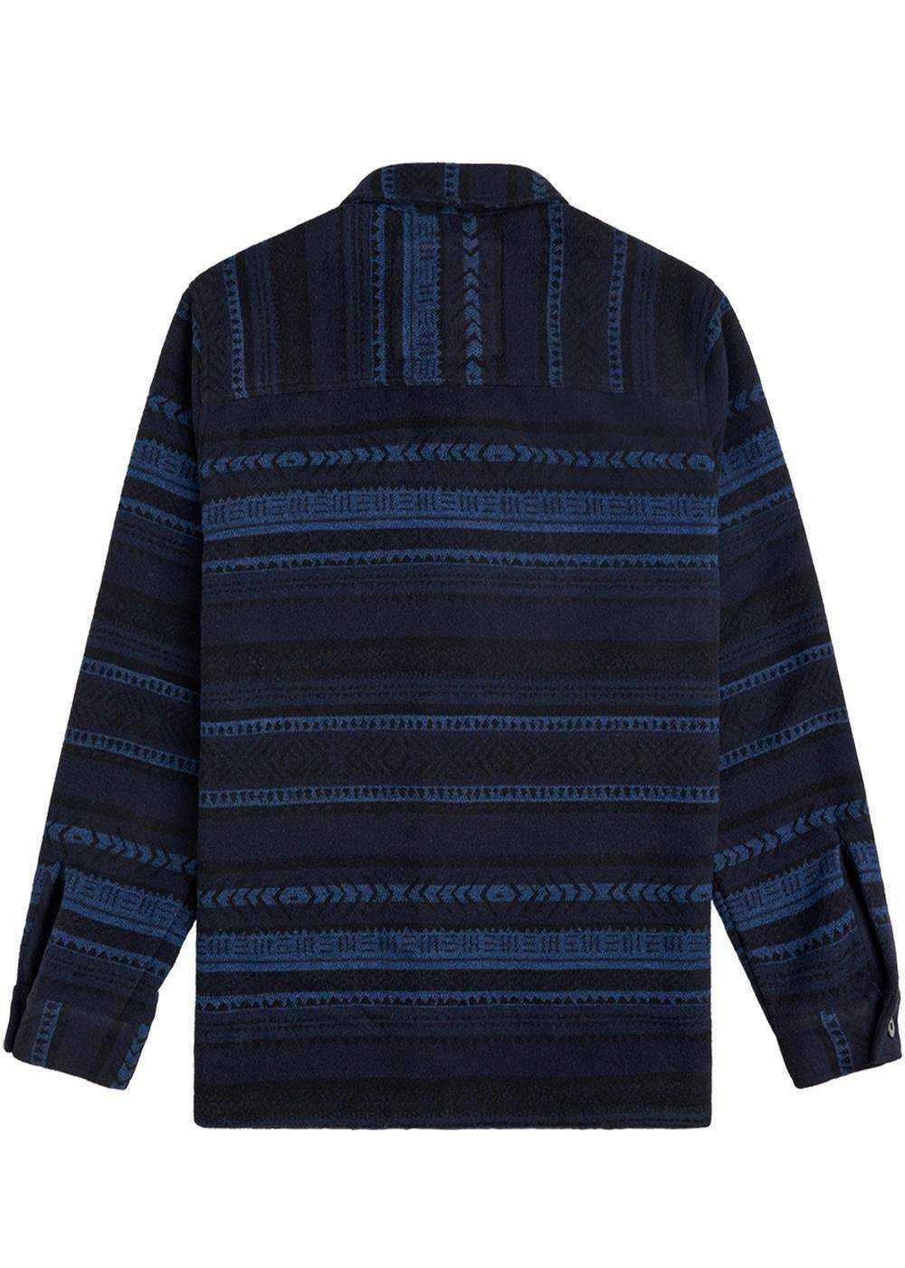 Vissla West Coast Overshirt in dark navy with blue geometric stripes, a woven wool-blend fabric and button-front closure.