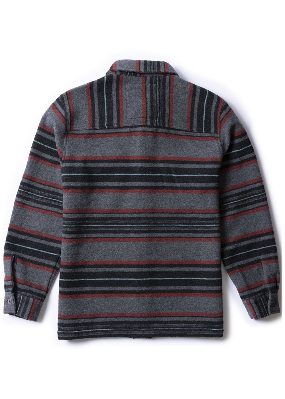 Vissla West Coast Overshirt in charcoal grey, woven polyester-wool blend with red and black stripes and button cuffs.