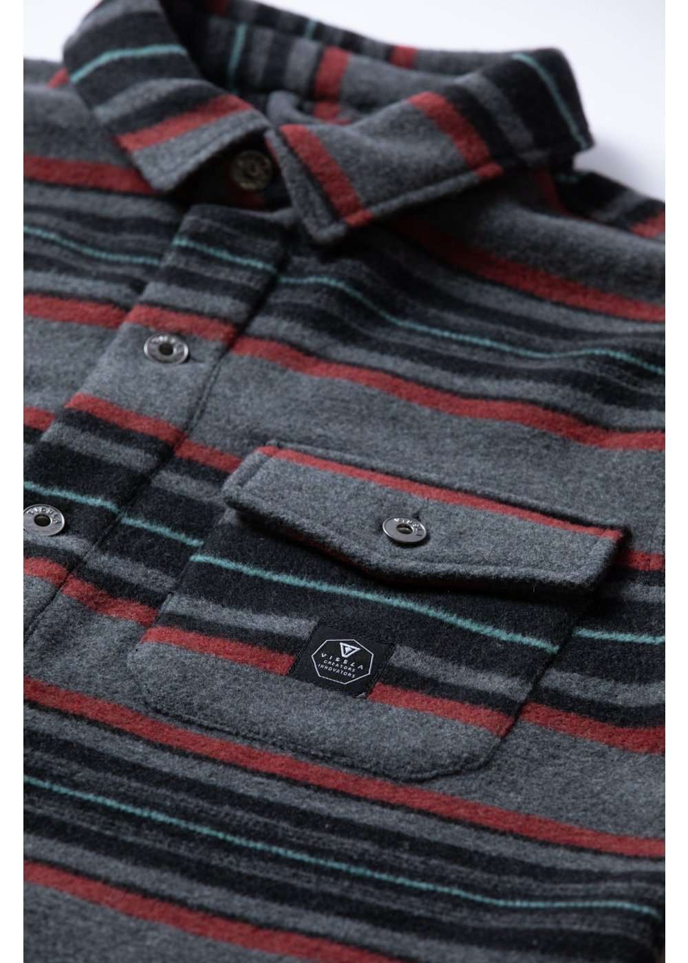 Vissla West Coast Overshirt in thick gray wool-blend fabric with red and teal horizontal stripes and buttoned chest pockets.