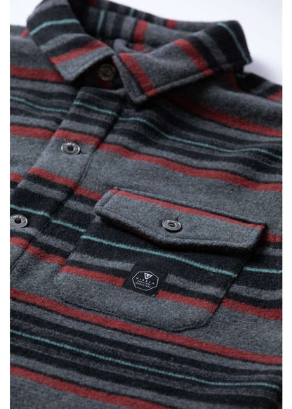 Vissla West Coast Overshirt in thick gray wool-blend fabric with red and teal horizontal stripes and buttoned chest pockets.