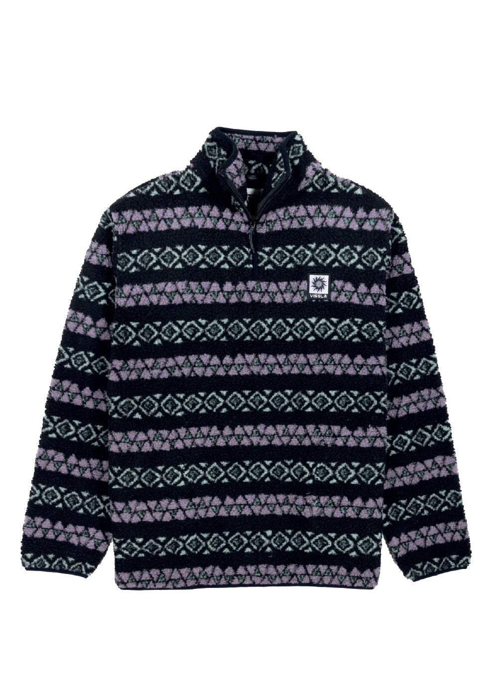 Vissla Hiking Ice sherpa fleece pullover in black with lavender and teal geometric stripes, quarter-zip collar and chest patch.