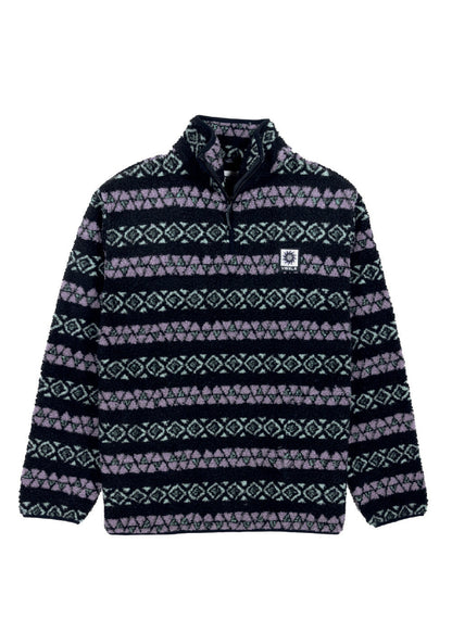 Vissla Hiking Ice sherpa fleece pullover in black with lavender and teal geometric stripes, quarter-zip collar and chest patch.
