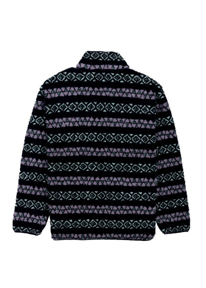 Vissla Hiking Ice sherpa fleece pullover in black with purple geometric stripes and a high collar.