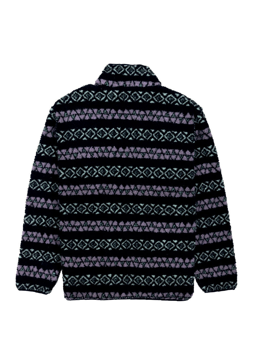 Sherpa fleece pullover featuring Vissla Hiking Ice in black with purple geometric stripes and a high collar.