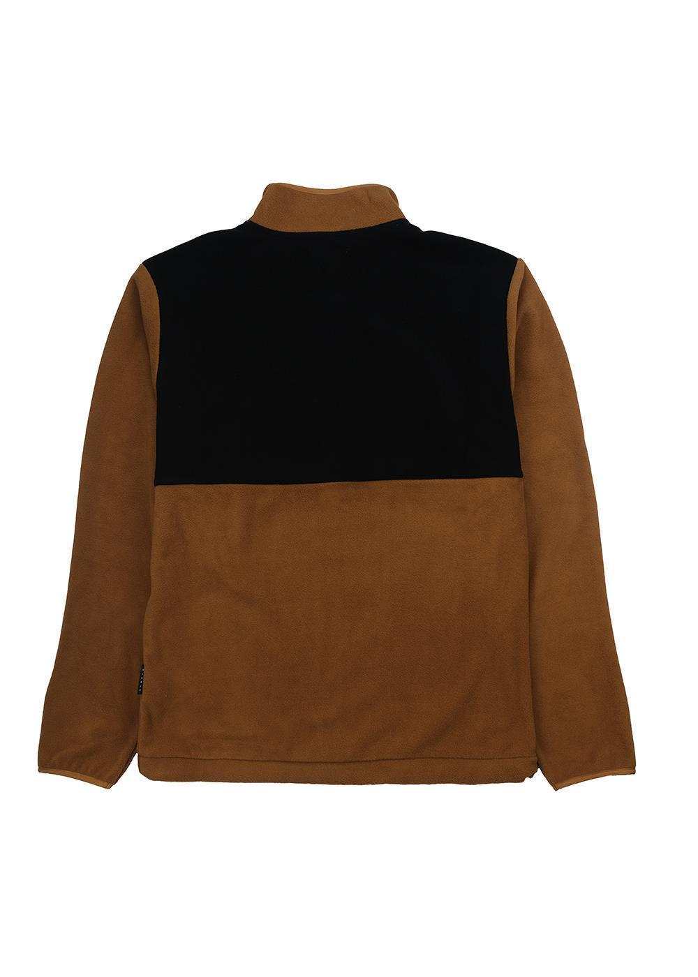 Vissla Hike Eco Polar Fleece pullover in brown polyester fleece, with a black back panel and stand collar.