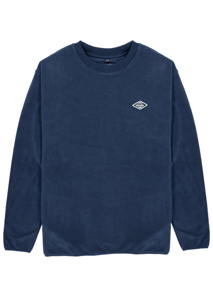 Vissla Swell Stretch crewneck sweatshirt in navy polar fleece, with long sleeves and a small diamond chest logo.