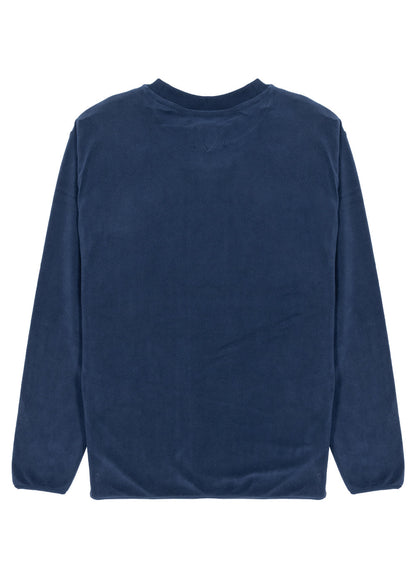 Vissla Swell Stretch crewneck sweatshirt in solid navy polar fleece, with long sleeves and ribbed cuffs and hem.