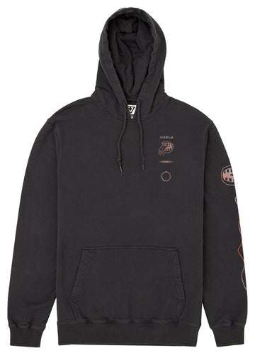 Vissla Twin Amigo hooded fleece in charcoal cotton with a washed finish, drawstring hood, kangaroo pocket and subtle prints.