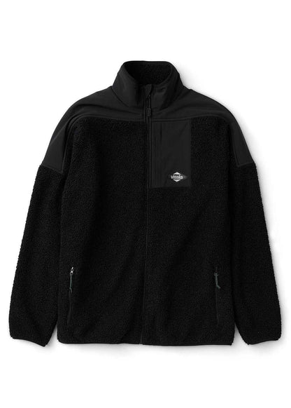 Vissla Kenny Pile Eco Jacket in black recycled polyester fleece with smooth ripstop shoulder panels, full zip and chest patch.