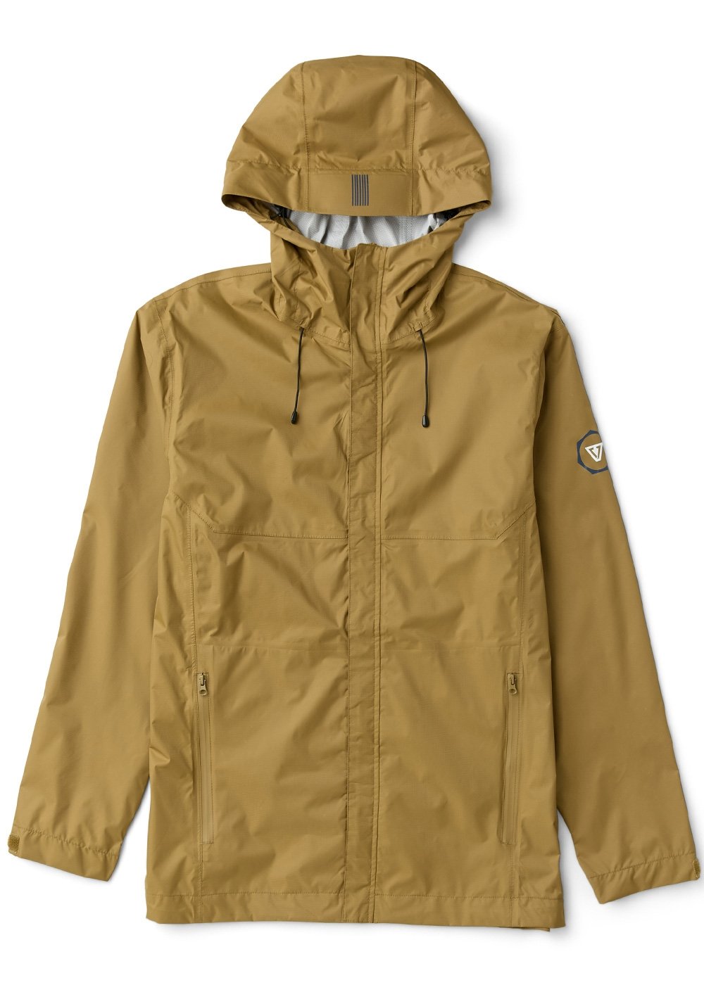 Vissla Noreaster 5K rain jacket in solid mustard-brown nylon with a hood, drawcords and front storm flap.