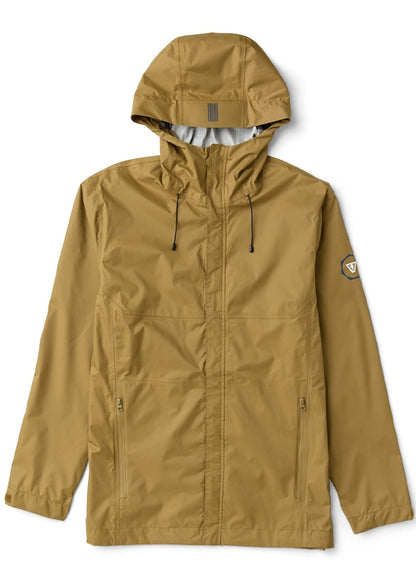 Vissla Noreaster 5K rain jacket in solid mustard-brown nylon with a hood, drawcords and front storm flap.