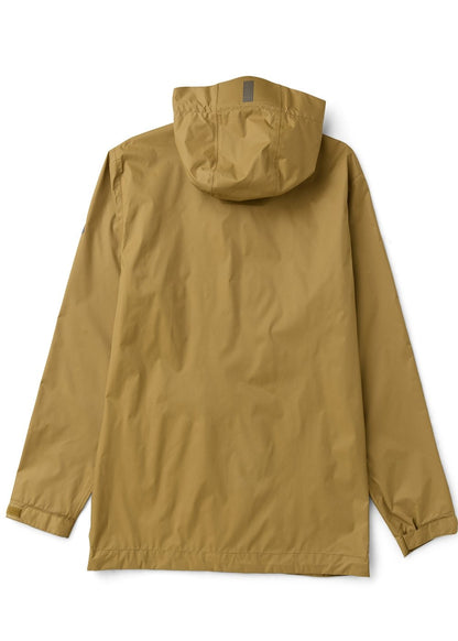 Vissla Noreaster 5K hooded rain jacket in solid mustard-brown nylon, with a simple back and adjustable hood.