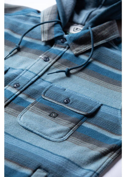 Vissla Eco-Zy Shirt Jacket in blue and gray striped fleece, with a hood, button front, and flap chest pocket.
