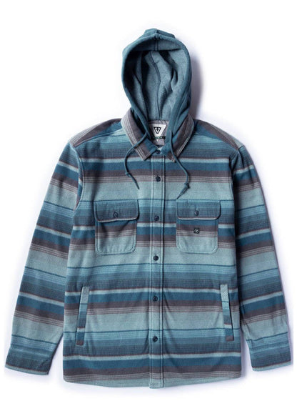 Vissla Eco-Zy Shirt Jacket, blue and gray striped fleece with a hood, button front, and flap chest pockets
