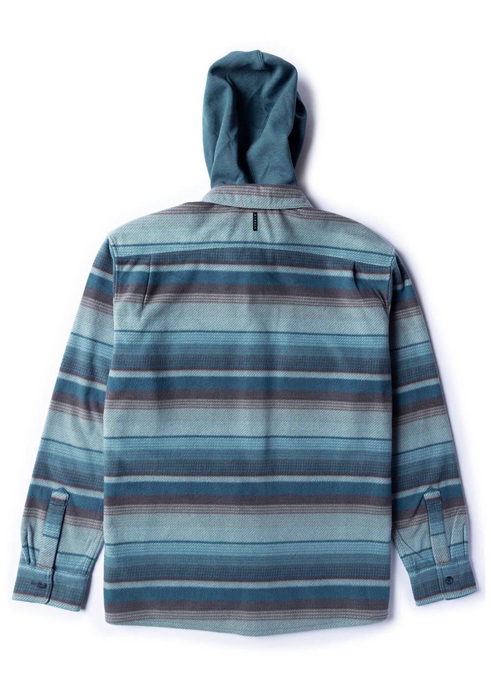 Vissla Eco-Zy Shirt Jacket in blue striped fleece, with a built-in hood, long sleeves, and button cuffs.