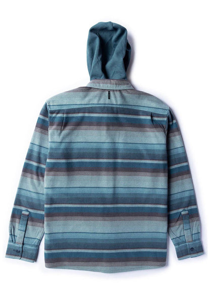 Vissla Eco-Zy Shirt Jacket in blue striped fleece, with a built-in hood, long sleeves, and button cuffs.
