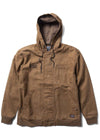 Vissla Creators Grit Jacket in brown cotton canvas, with a hood, zip front, chest pockets and split kangaroo pocket.