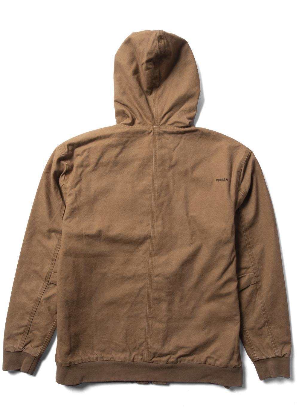 Hooded Vissla Creators Grit Jacket in brown canvas, with ribbed cuffs and waistband and a small chest logo.