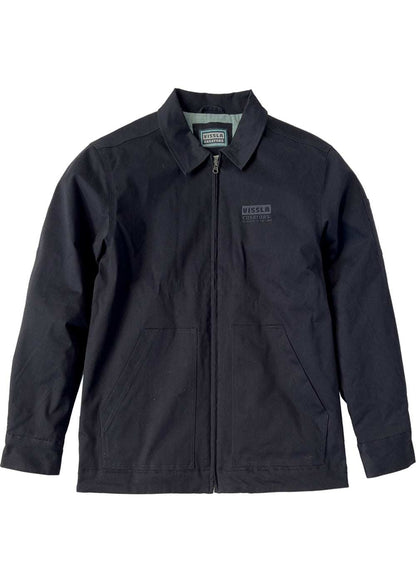 Vissla Creators Eco Port Jacket in dark navy cotton-blend twill, with a zip front, collar and subtle chest logo.