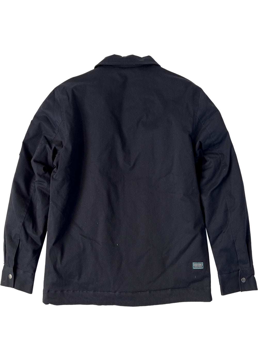 Vissla Creators Eco Port Jacket, dark navy cotton-blend twill with a plain back, collar, and button cuffs.