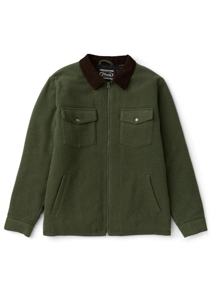 Vissla Buffalo Jacket in olive green wool-blend fabric, with a brown corduroy collar, zip front and four pockets.