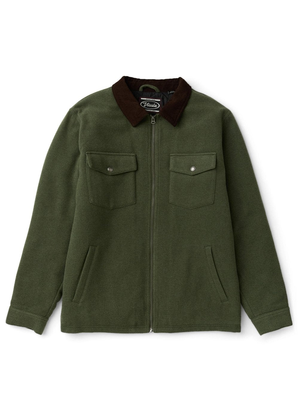Vissla Buffalo Jacket in olive green wool-blend fabric, with a dark brown corduroy collar, zip front and four pockets.