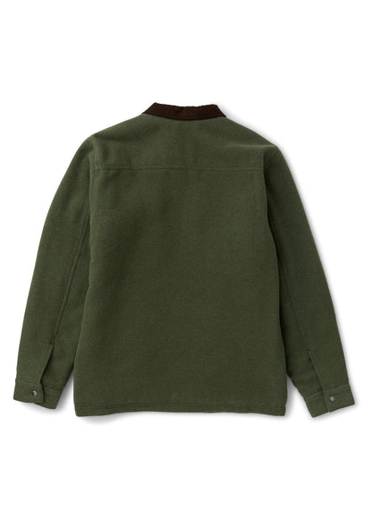 Vissla Buffalo Jacket, olive green wool-blend jacket with a dark brown corduroy collar and plain back panel.