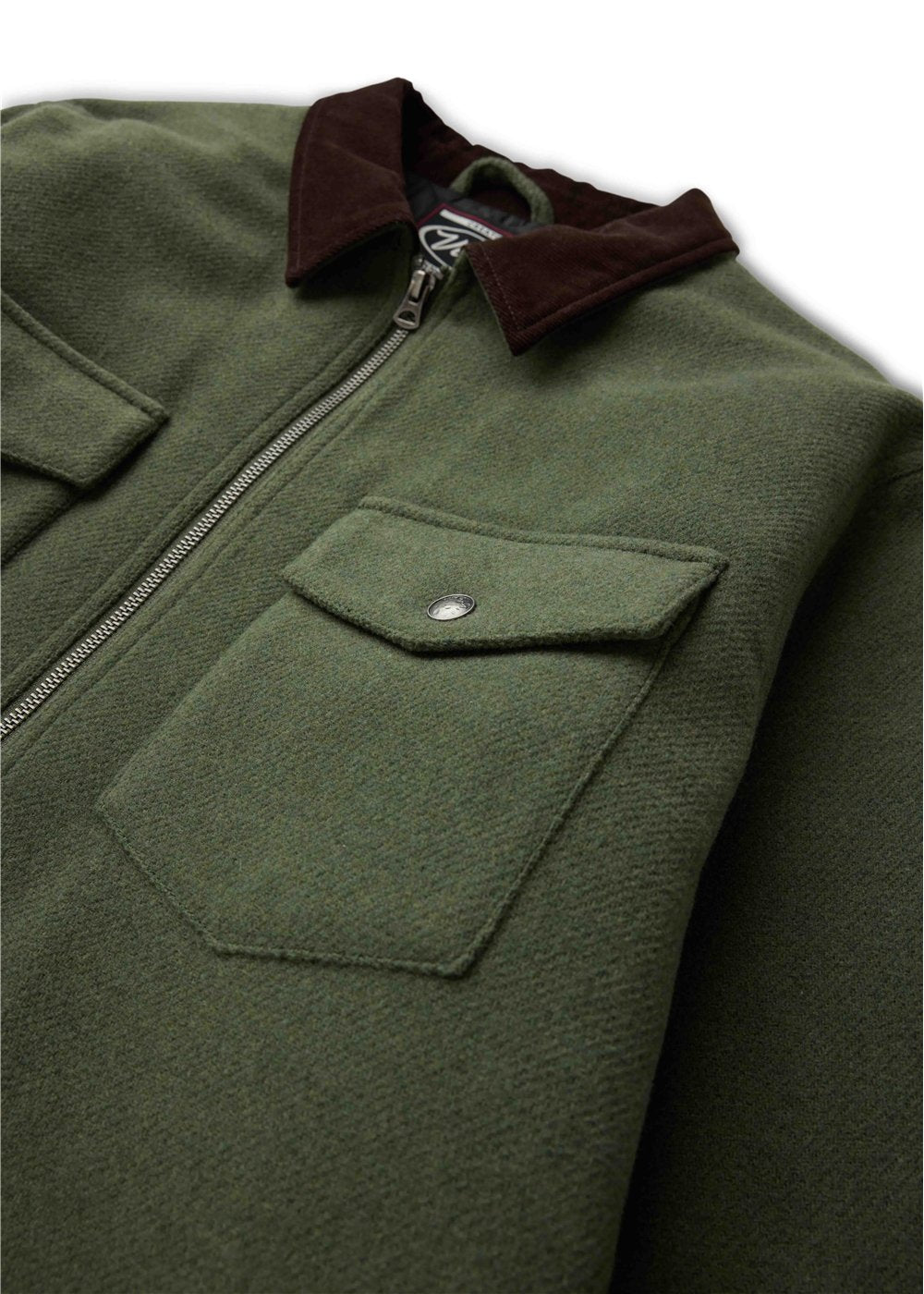 Vissla Buffalo Jacket in olive green wool-blend fabric, with a dark brown corduroy collar, zip closure and flap chest pocket.