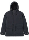 Vissla Tennessee III Parka in dark navy polyester-cotton fabric, with a hood, snap placket and multiple flap pockets.