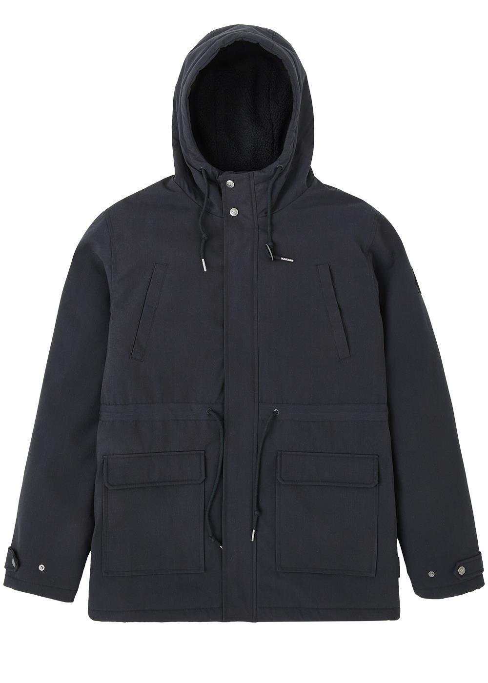 Vissla Tennessee III Parka in dark navy polyester-cotton fabric, with a hood, snap placket and multiple flap pockets.
