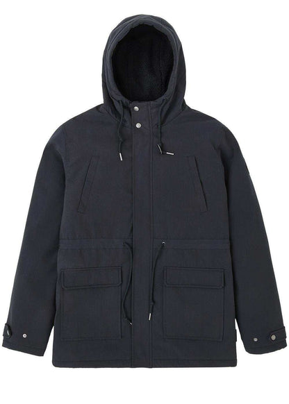 Vissla Tennessee III Parka in dark navy polyester-cotton fabric, with a hood, snap placket and multiple flap pockets.