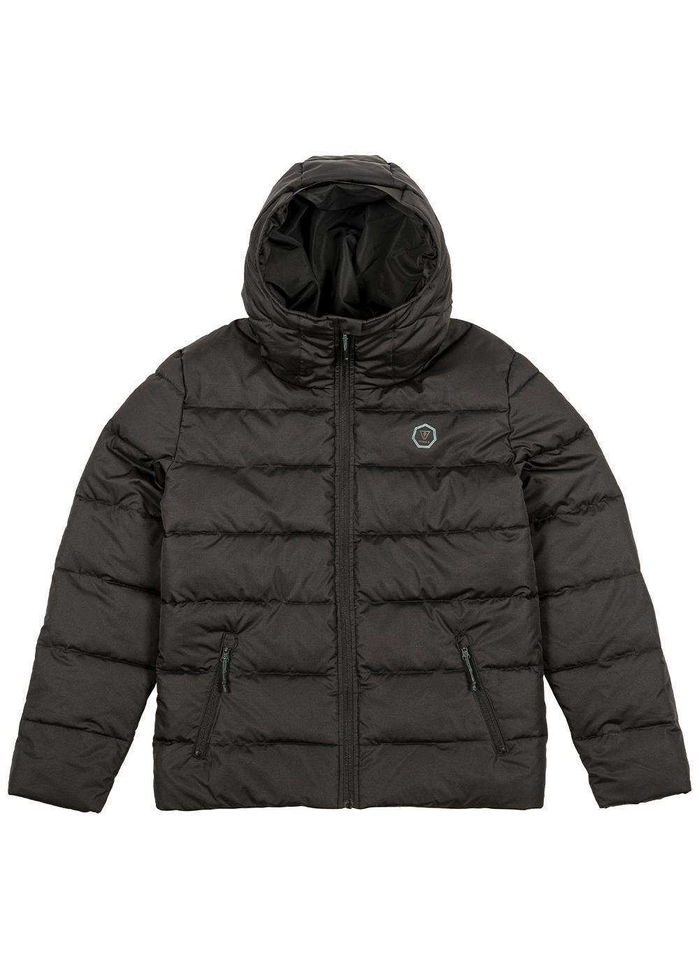 Vissla North Seas II puffer jacket in black recycled polyester, with a hood, horizontal quilting, front zipper and two zip pockets.