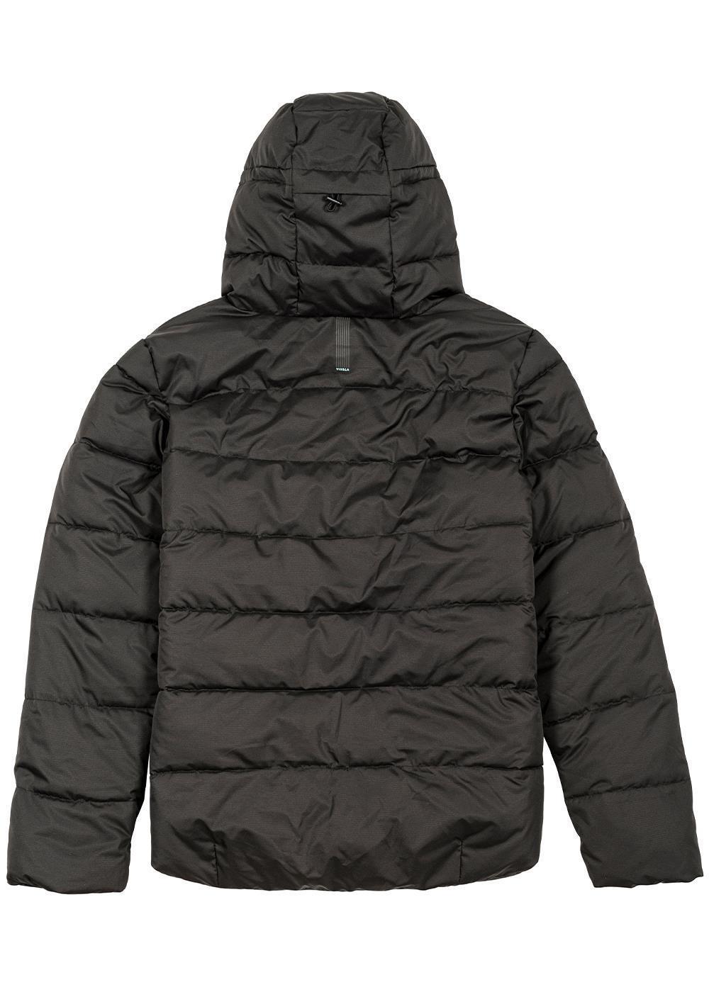 Vissla North Seas II puffer jacket in black quilted fabric, with a hood and horizontal baffles across the back.