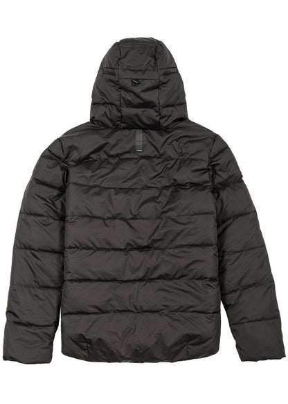 Vissla North Seas II puffer jacket in black quilted fabric, with a hood and horizontal baffles across the back.