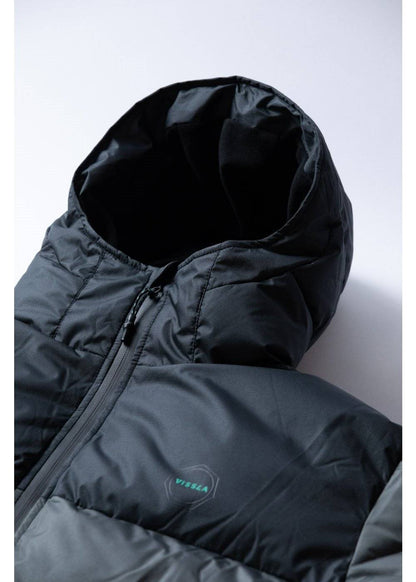 Vissla North Seas II hooded puffer jacket in black ripstop fabric, with quilted panels and a front zip.