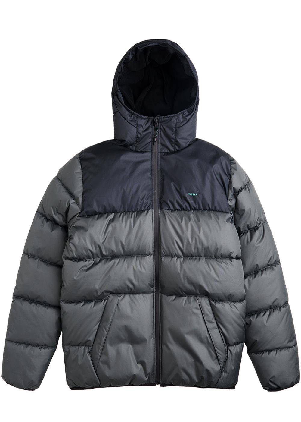 Hooded puffer jacket in dark charcoal recycled polyester with quilted panels, a front zip, and two hand pockets. Vissla North Seas II with elastic cuff binding.