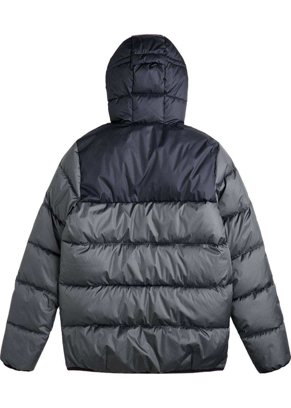 Puffer jacket in charcoal gray, with a glossy quilted finish and attached hood; Vissla North Seas II.