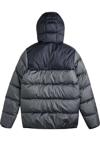 Puffer jacket in charcoal gray, with a glossy quilted finish and attached hood; Vissla North Seas II.